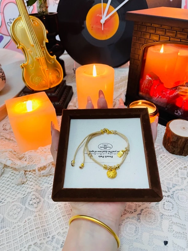 铜合金手链 福牌小锁双层咖绳手链