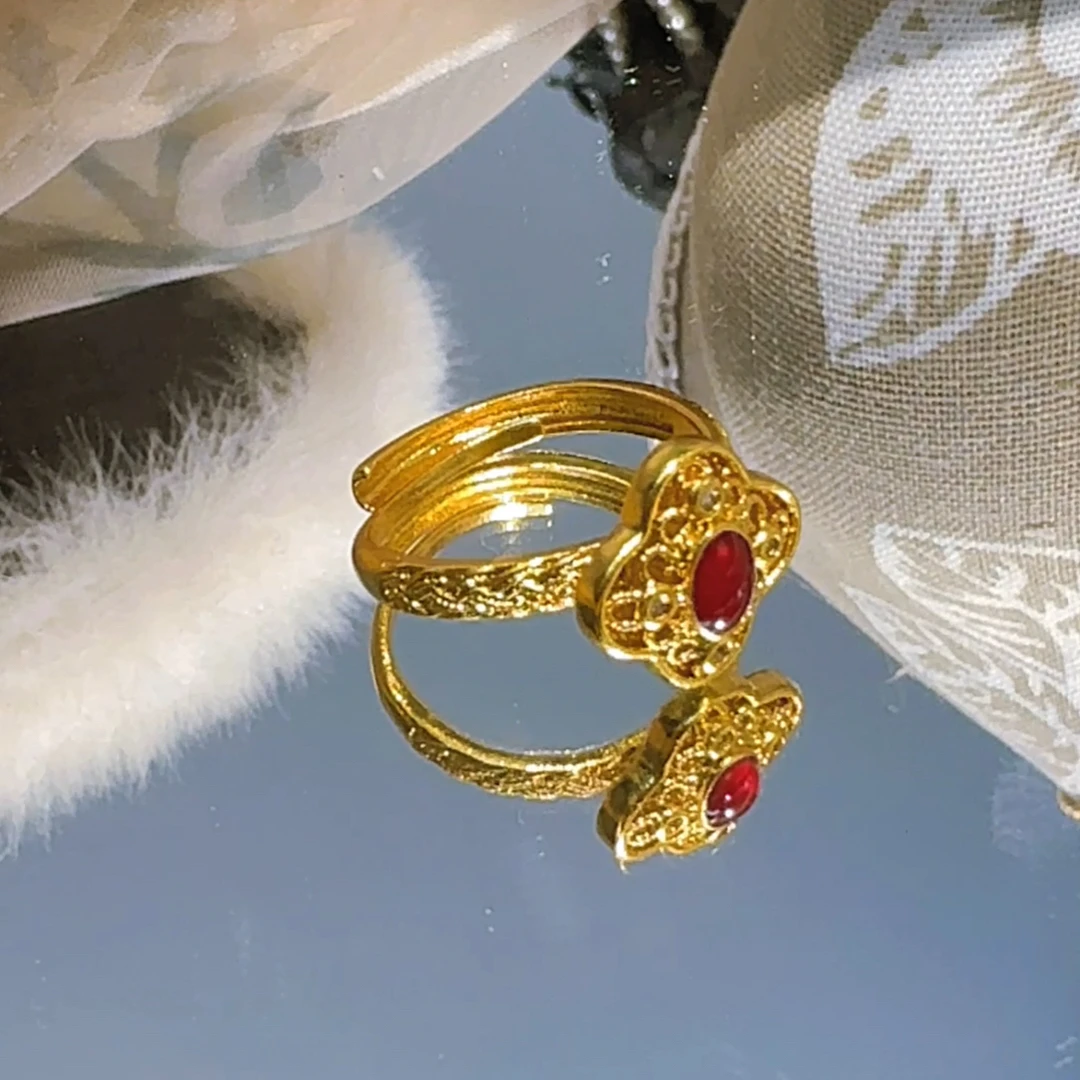 铜合金珐琅戒指 新中式红色蛋面戒指
