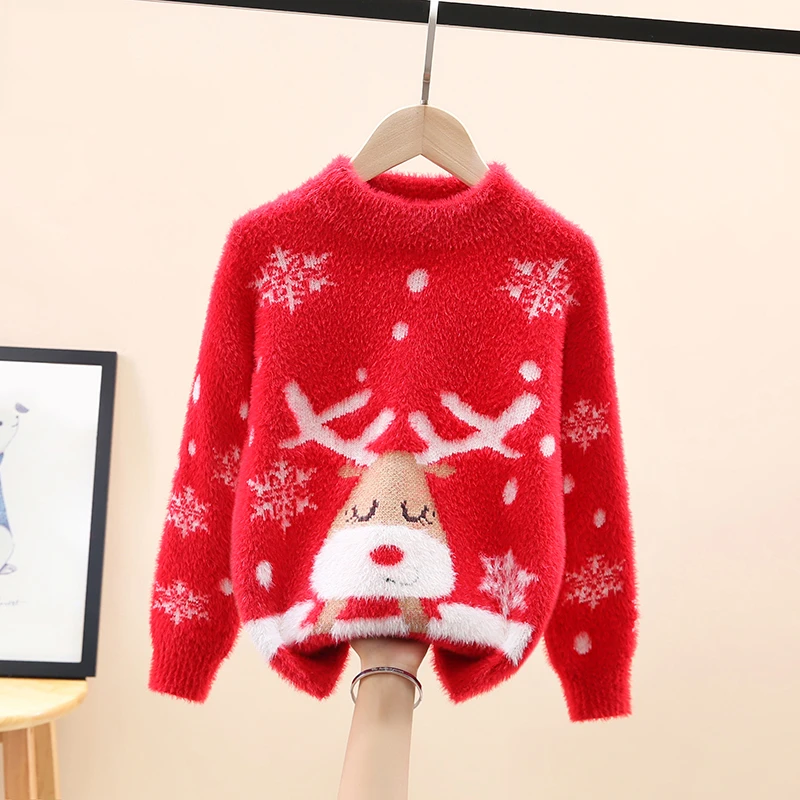 女童小鹿毛衣加绒加厚2023秋冬新款中大童圆领水貂绒针织洋气打底