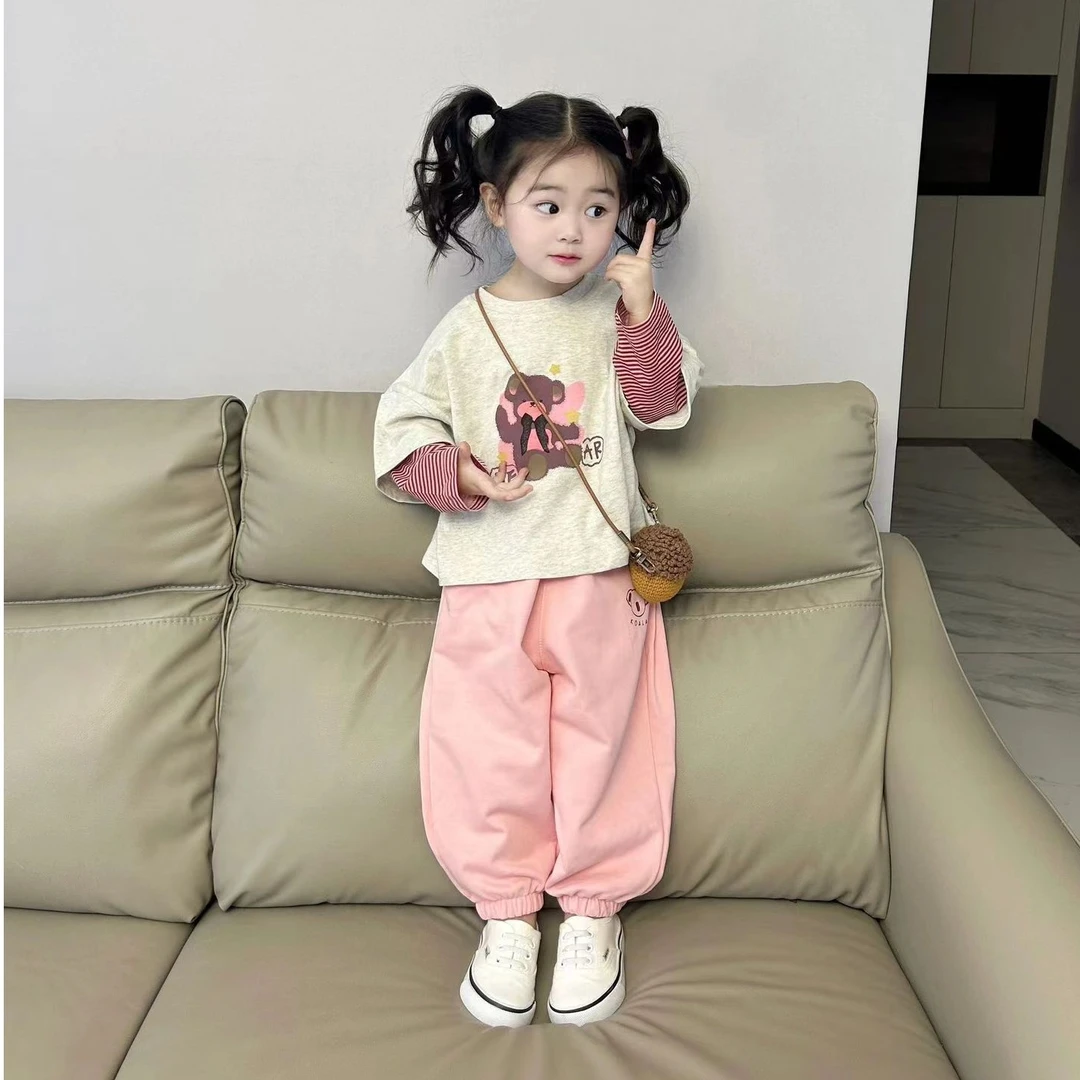 韩国童装女童时髦套装新款秋季小女孩假两件上衣粉色休闲裤两件套