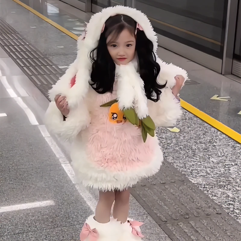 韩版童装女童毛绒套装冬季洋气可爱兔耳朵加绒加厚羊羔毛外套