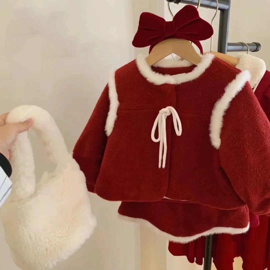（现货）童装女童冬装洋气拜年服宝宝红色过年两件套儿童新年套装
