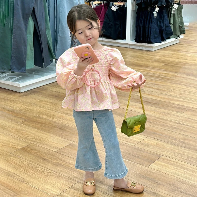 韩版童装女童秋季新款套装儿童洋气碎花泡泡袖衬衫牛仔喇叭裤