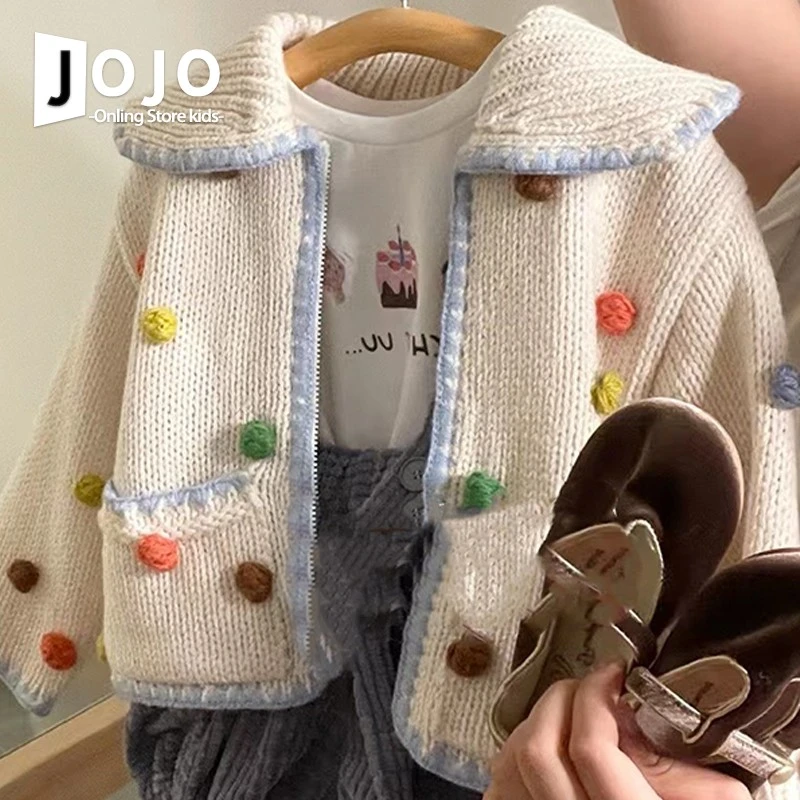 韩版童装女童秋装新款娃娃领针织开衫2023洋气女宝宝彩色毛球外套