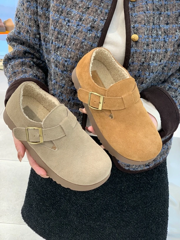 真皮加绒休闲鞋女2024冬季新款圆头厚底舒适百搭保暖牛皮豆豆棉鞋