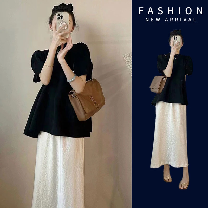 孕妇装夏季2024新款法式气质小个子显瘦黑色上衣直筒孕妇半身裙子