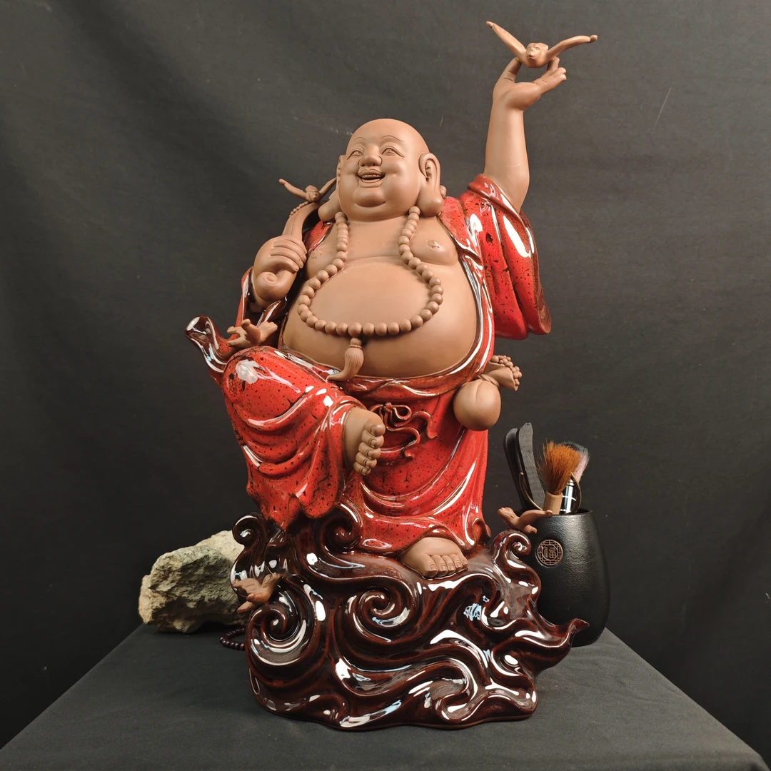 紫砂五福临门弥勒佛茶桌玄关架子摆件