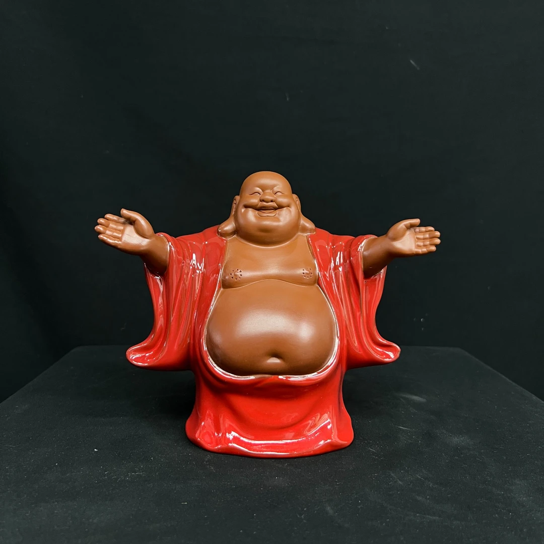 紫砂双手大笑弥勒佛茶台玄关架子摆件