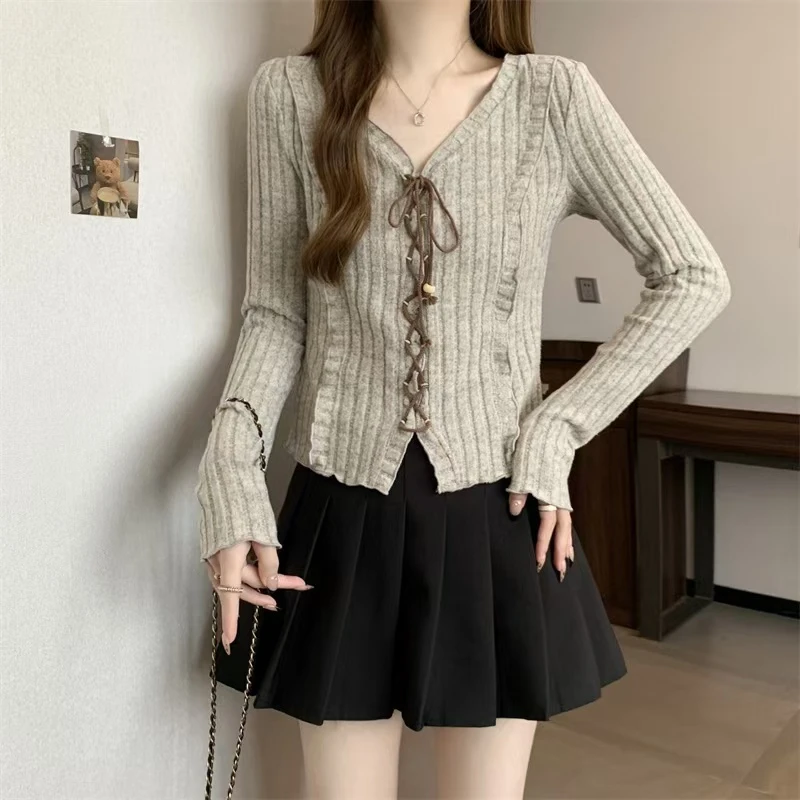 大码美式复古长袖针织衫女秋季高级感内搭打底衫胖MM遮肉显瘦上衣