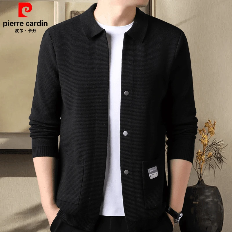皮尔卡丹高档简约时尚开衫外套针织翻领休闲舒适提花纹理男士外套