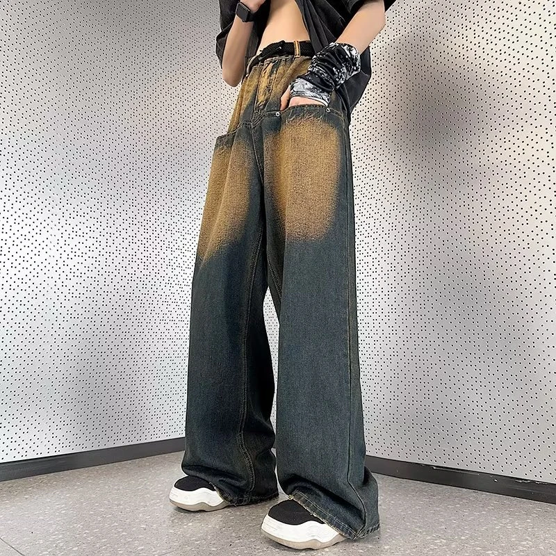 美式复古黄水泥牛仔裤男秋冬款高级感男高街水洗阔腿裤复古蓝色