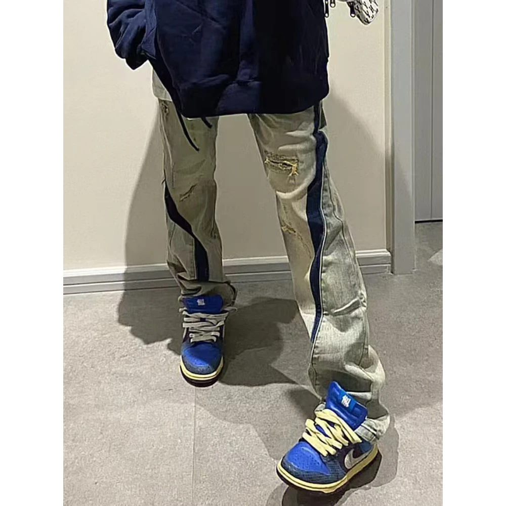 美式复古拉链装饰微喇叭高质量弹力牛仔裤休闲长裤黄泥色