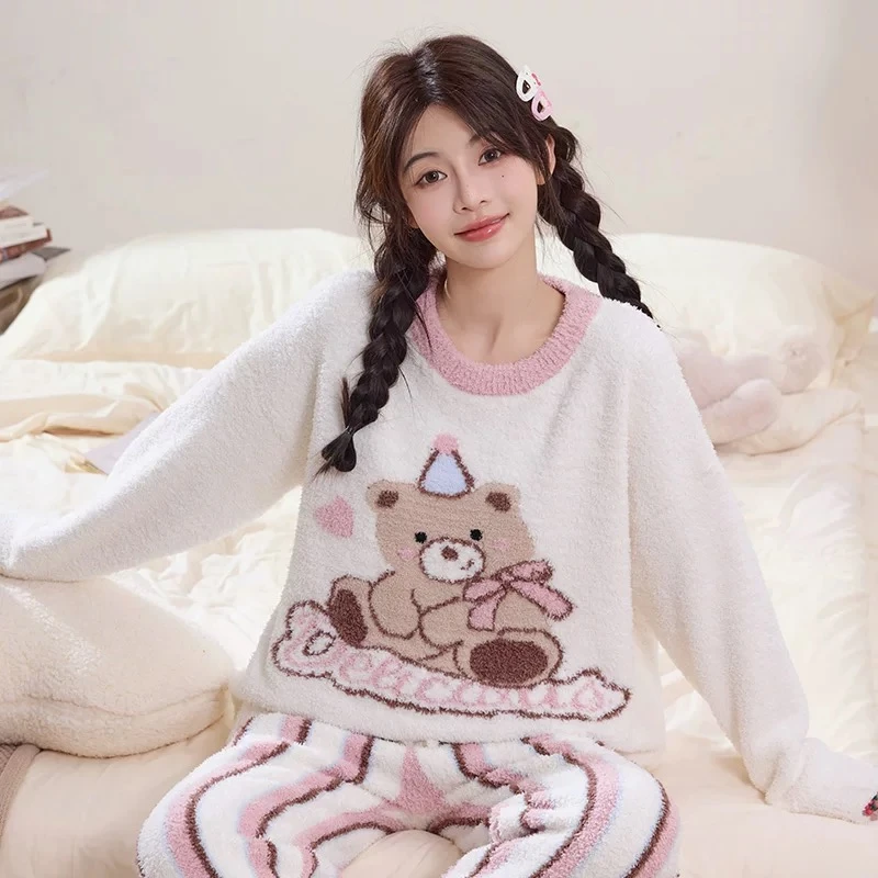 【礼物小熊】半边绒保暖甜美睡衣可外穿秋冬新款加厚家居服套装
