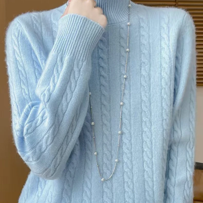 纯毛七针加厚半高绞花高级风针织时尚百搭圆领秋冬