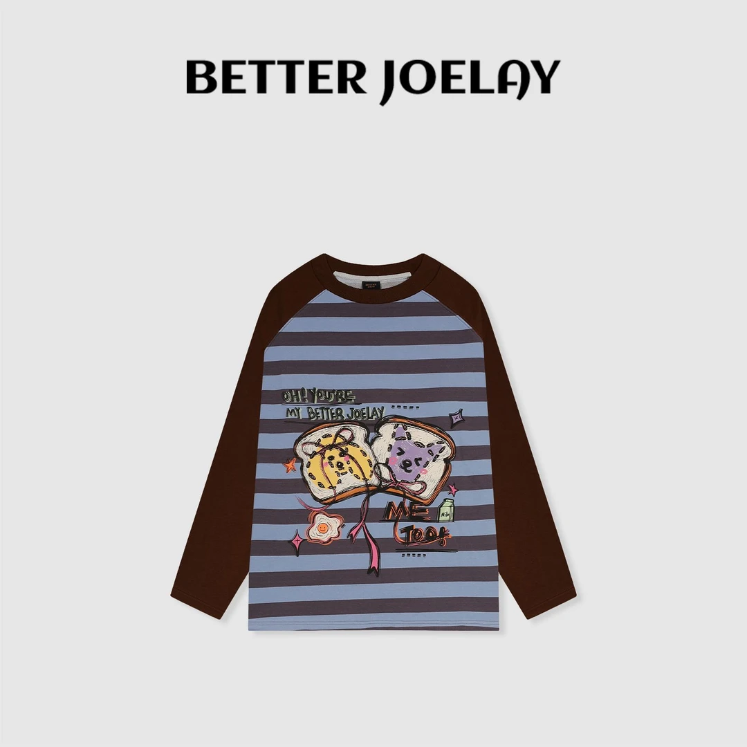 BETTERJOELAY-【可爱吐司】时尚宽松条纹长袖T可爱休闲潮流KH0982