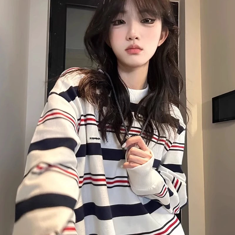 2025新款撞色条纹长袖t恤女春秋宽松oversize学院风气质百搭上衣