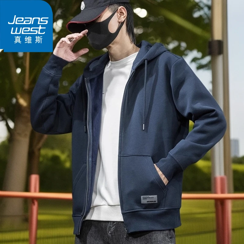 Jeanswest/真维斯2024秋冬新款男宽松运动外套加绒开衫拉链卫衣大