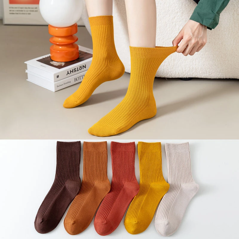 袜子女中筒袜双针棉袜里外都是棉学院风纯色百搭黑白色女袜秋冬季