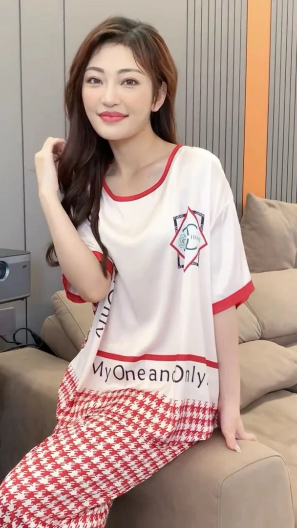 春夏冰雪丝薄新印花睡衣家居服三件套大码可外穿宽松
