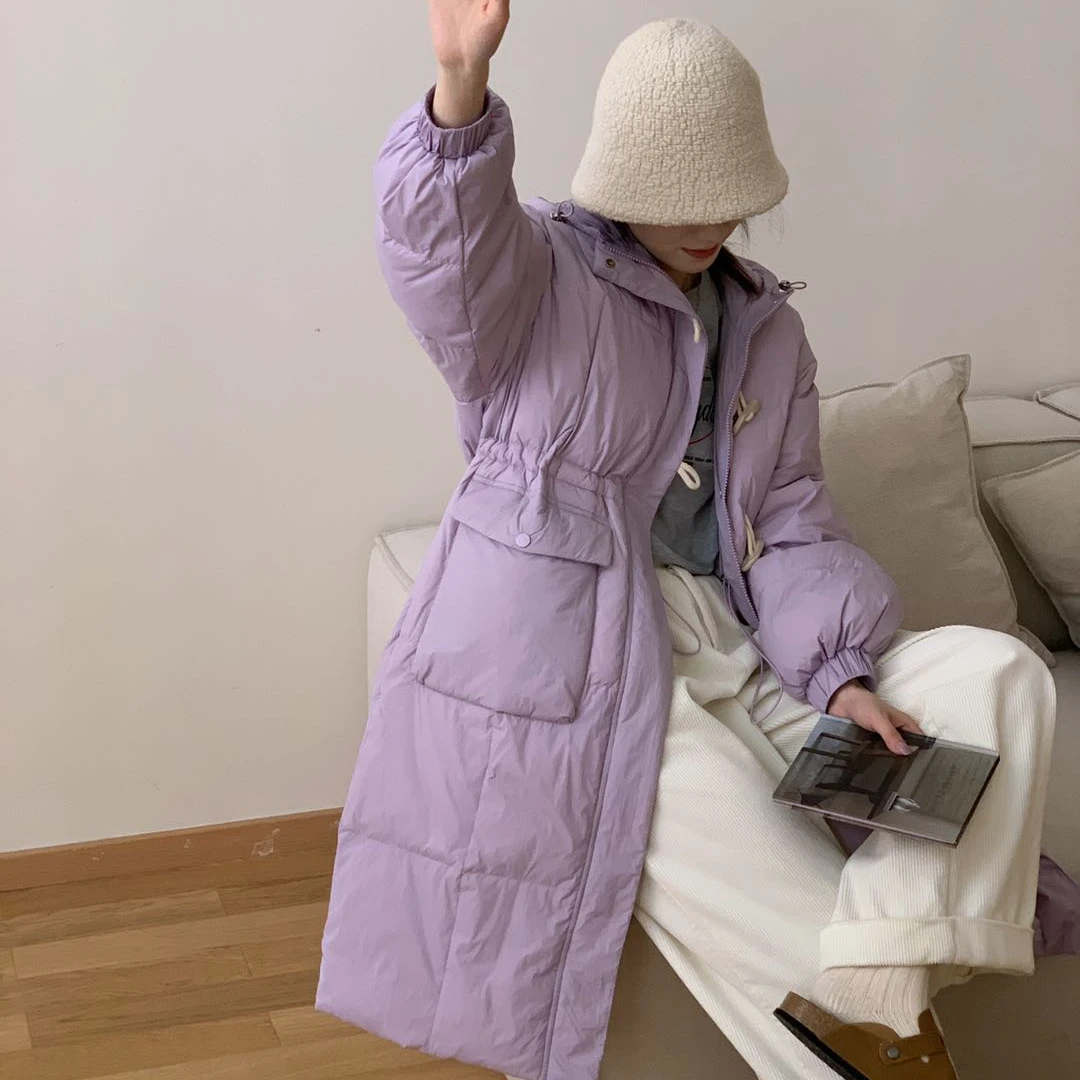 连帽牛角扣中长款羽绒服女外套ZQ0803