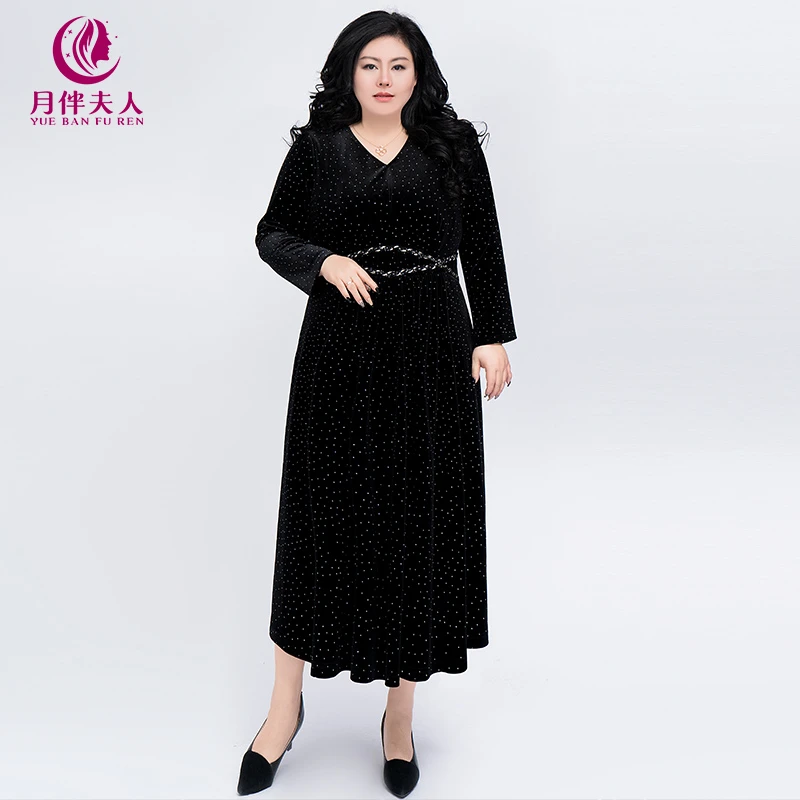 月伴夫人 2024秋季大码新款轻奢气质高端烫钻收腰显瘦连衣裙7291