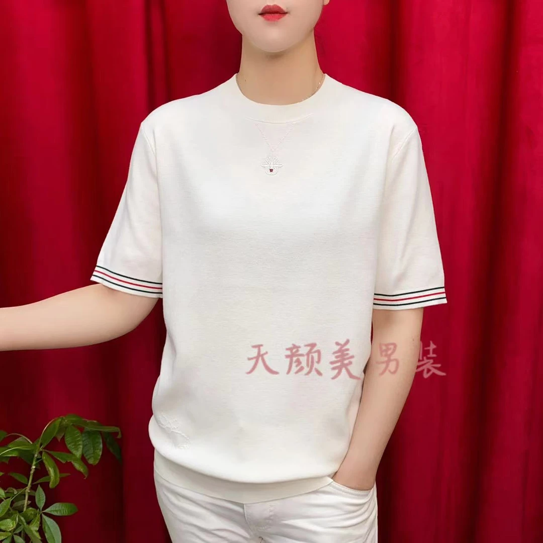 秋季新款百搭高品男装修身纯色蜜蜂刺绣针织圆领短袖T恤69381