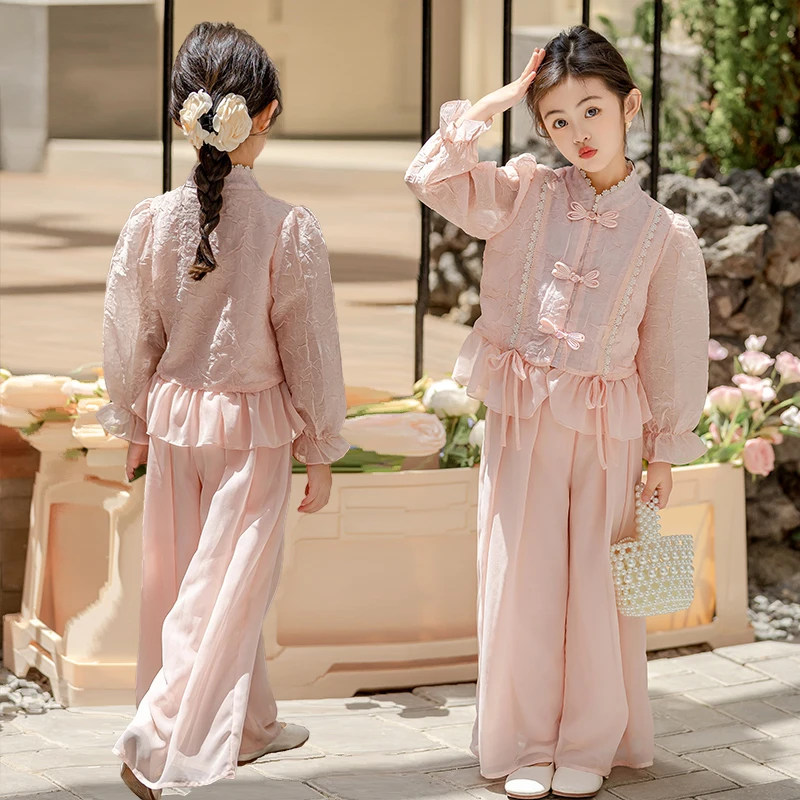 女童秋款新中式国风盘扣阔腿裙裤两件套1005