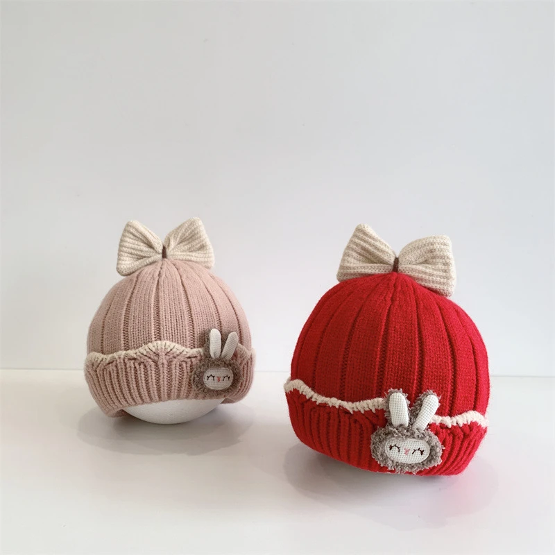 婴儿帽子秋冬款加厚保暖毛线帽可爱超萌女宝宝户外防风针织公主帽