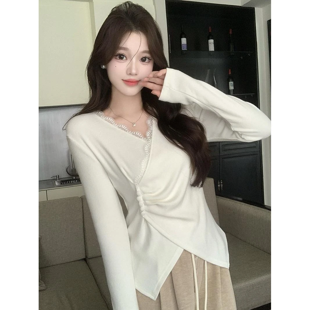 2025秋冬新款胖mm大码女法式蕾丝边加厚针织内搭打底衫