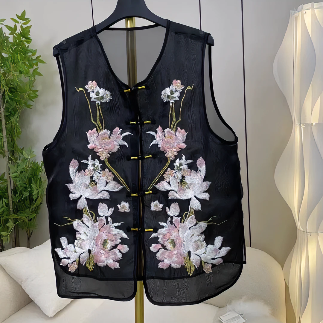 【鑫姐穿搭】新款大码国风马甲双层欧根纱精工刺绣玉兰花开88906