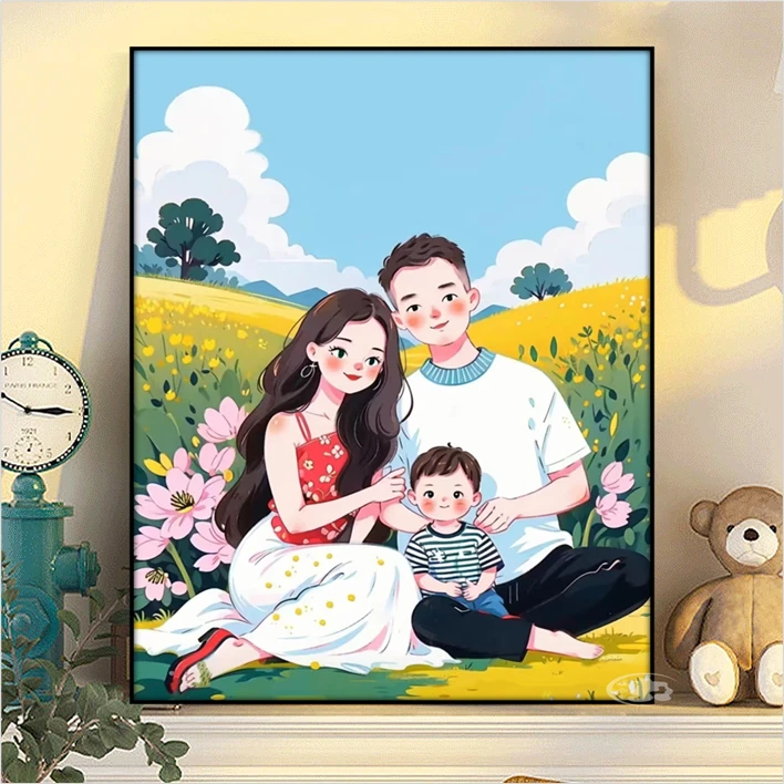 一家三口四口卡通diy数字油画手绘填色客厅卧室书房桌面油彩挂画