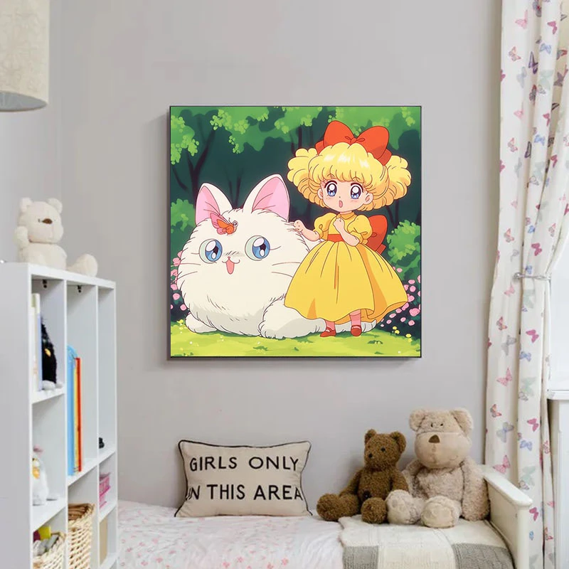 猫咪与女孩diy数字油画手绘涂色客厅卧室书房背景墙装饰油彩挂画