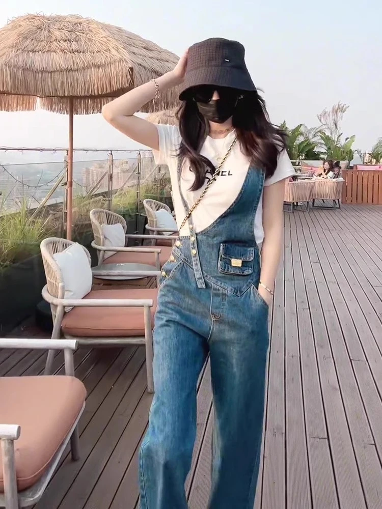 复古法式设计感不对称牛仔背带裤女2024新款金属扣直筒裤小众气质