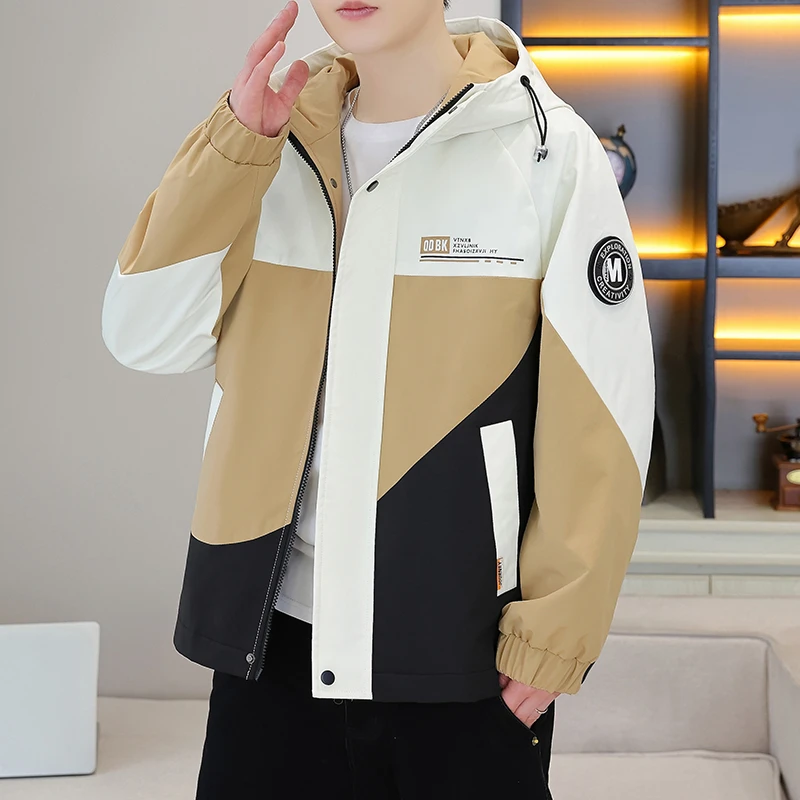 外套男士春秋新款夹克时尚潮流百搭外穿上衣连帽拼接撞色宽松褂子