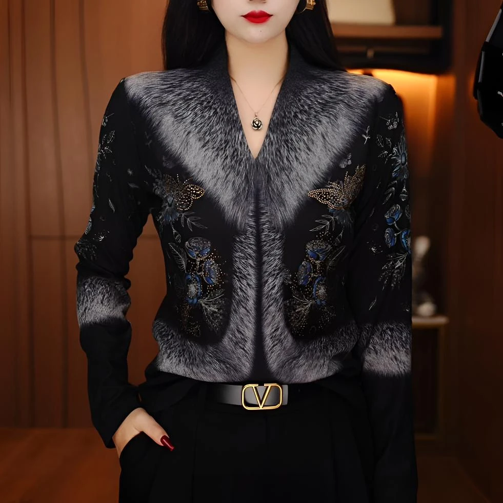 新高端印花女显瘦显白百搭减龄气质时尚套头上衣长袖网红洋气955