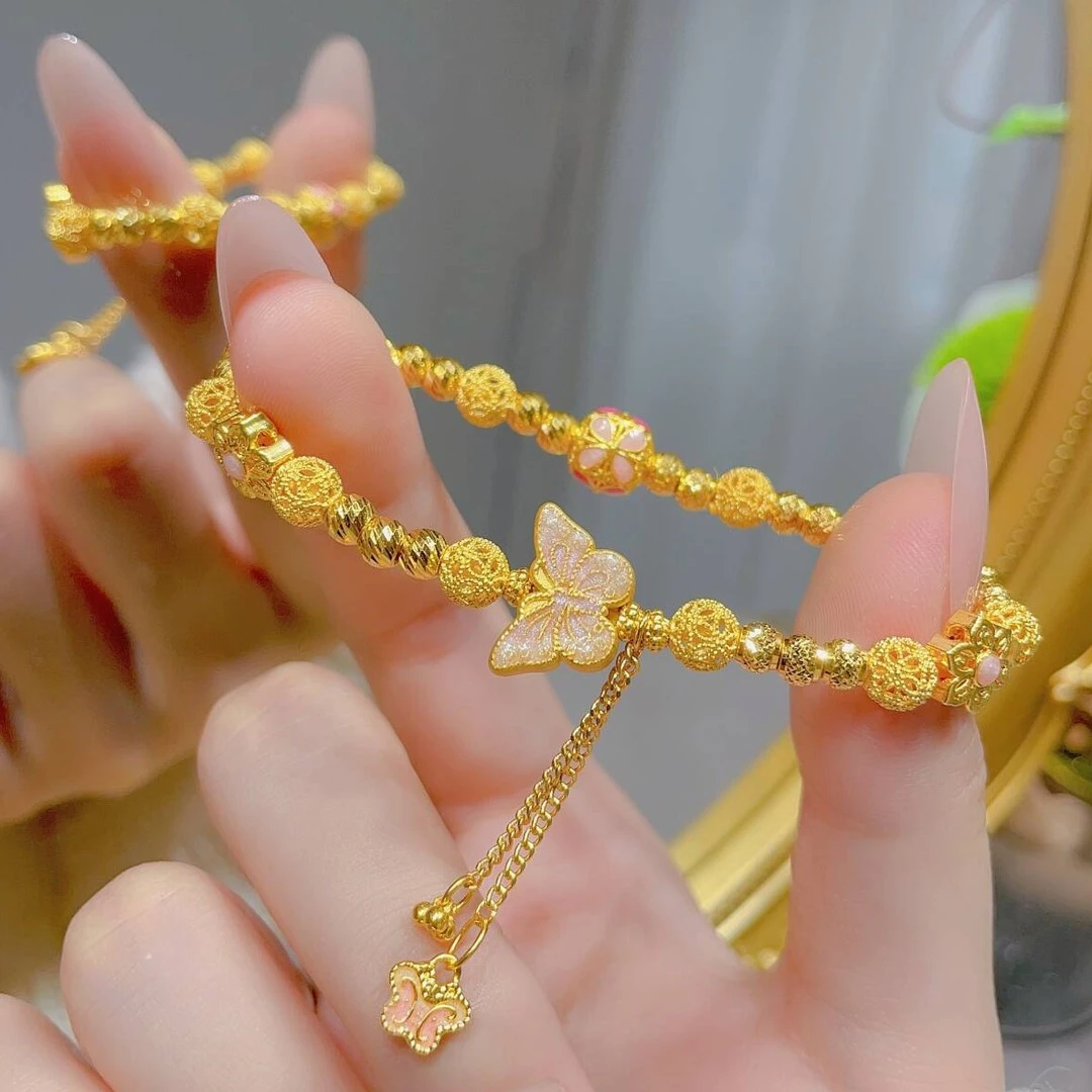 瑞诺黄金花丝蝴蝶手链足金999爆闪珠可调节金手串生日礼物送女友