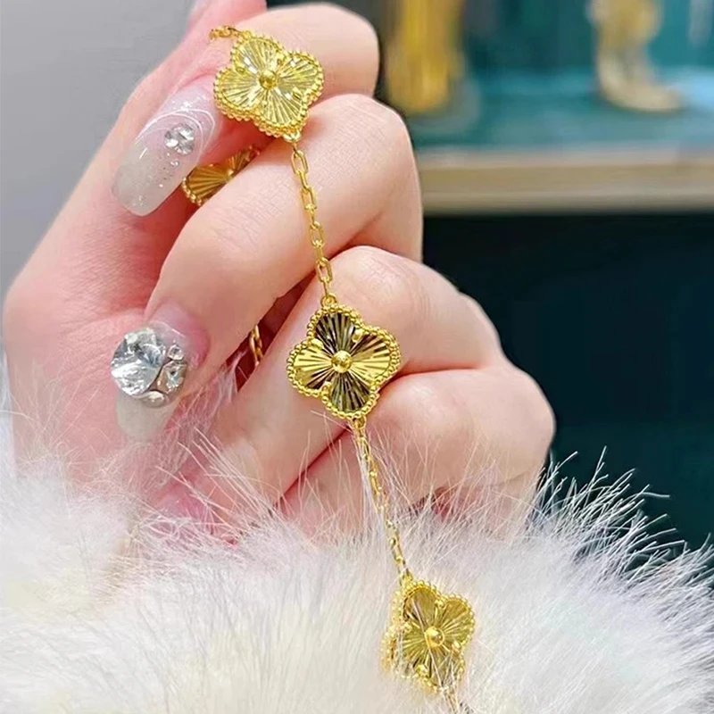 瑞诺黄金五花四叶草手链女2024新款999足金幸运草手饰礼物送女友