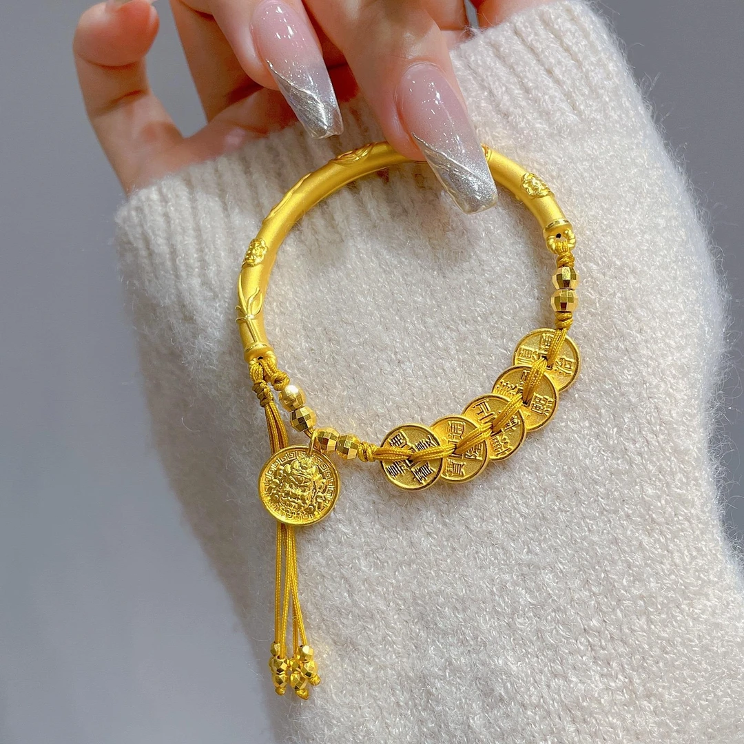 瑞诺黄金五帝钱半镯手链女足金999黄财神编织手串小众礼物送女友