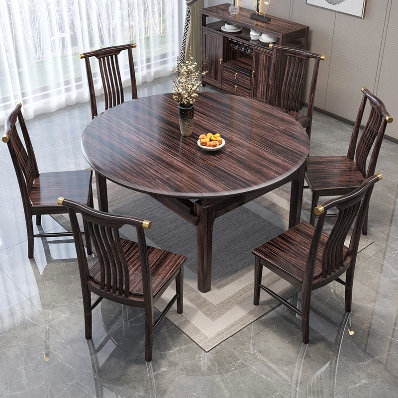 新中式乌金木方圆两用折叠饭桌可伸缩圆桌家用餐桌椅组合