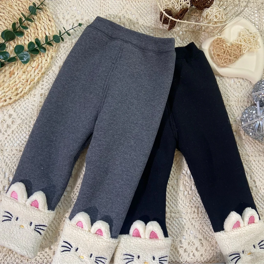 A08童装女童2024新款女宝宝加绒加厚打底裤小童猫咪小脚裤长裤