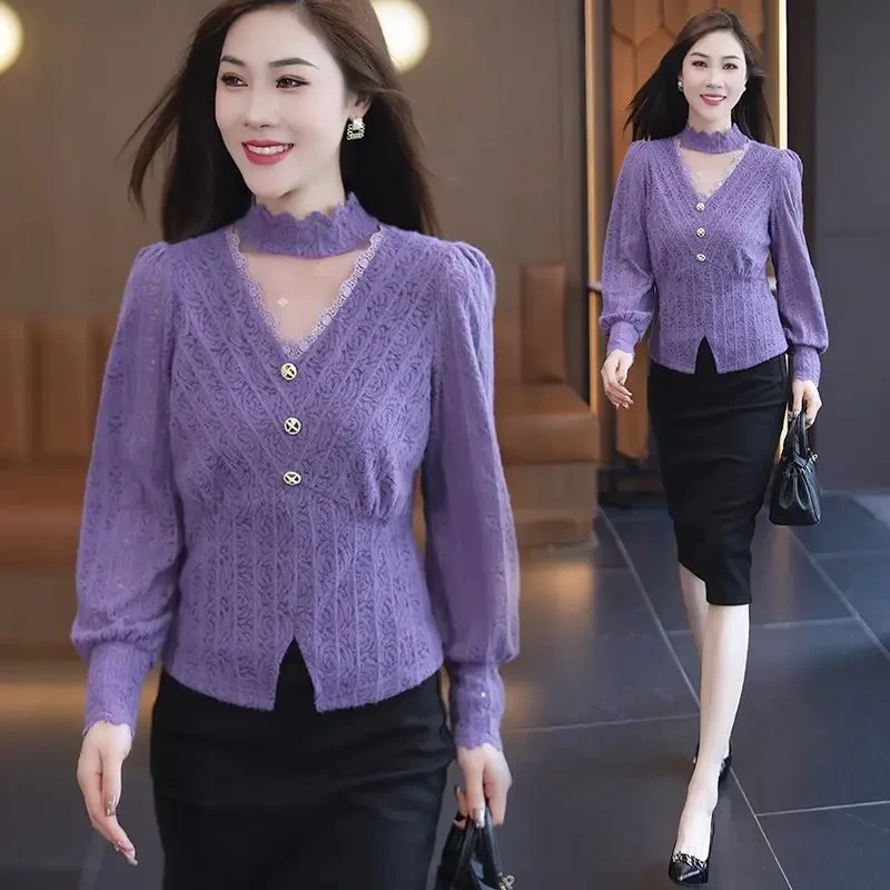 法式蕾丝衬衫女2024春秋季新款洋气百搭显瘦高腰V领设计感打底衫