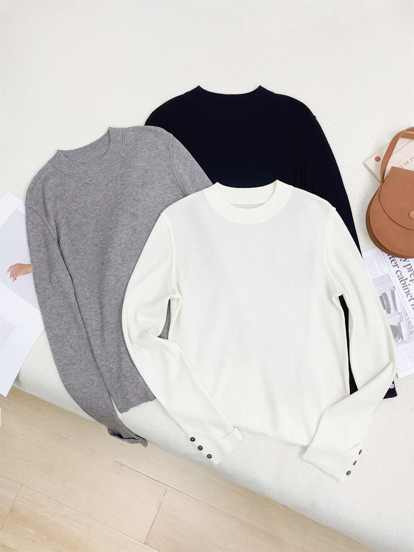 【女王洛克】简约百搭显瘦绵羊毛打底衫韩版纯色圆领针织衫LK8977