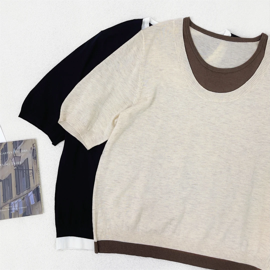 【女王洛克】韩版复古风气质显瘦绵羊毛上衣设计撞色圆领上衣