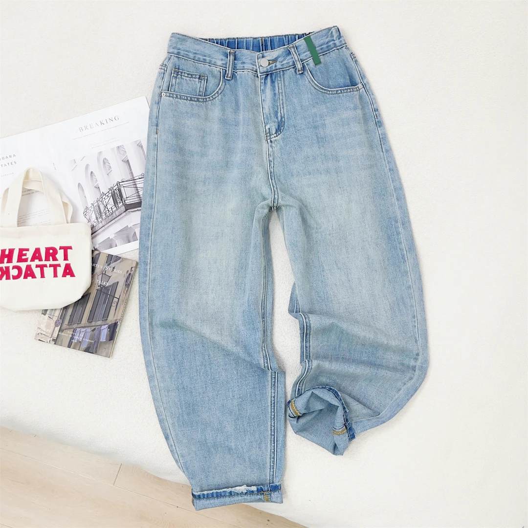 【女王洛克】设计感半松紧腰休闲百搭宽松显瘦大码牛仔裤女