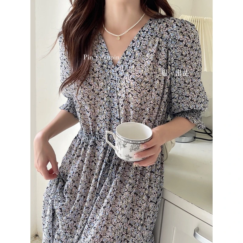 【榀家长裙1米26】｛素媛｝法式复古时尚V领大版显瘦定制碎花连衣裙