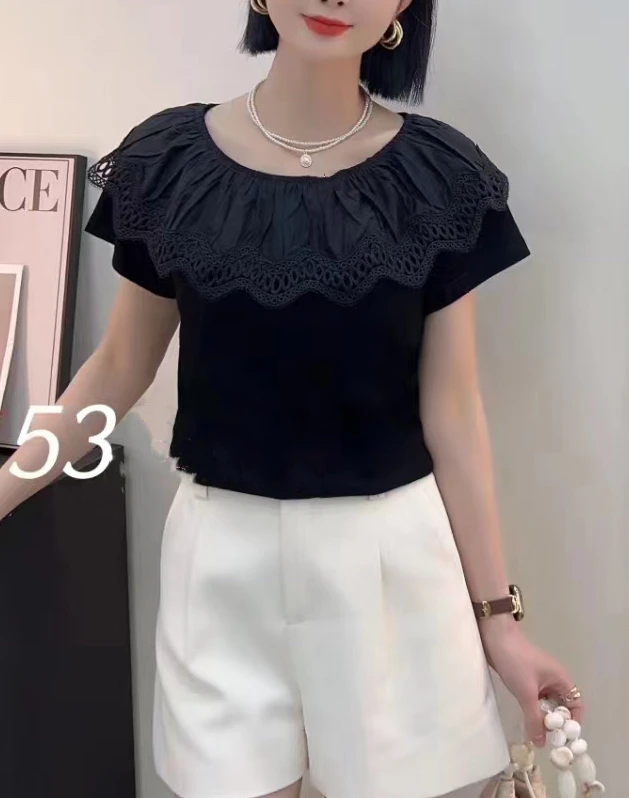 《一筒家》高端时尚洋气荷叶领短袖t恤女夏季款气质时尚设计感上衣