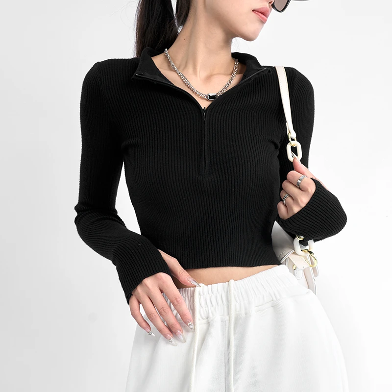 1924#螺纹拉链加厚长袖针织衫女秋冬修身显瘦百搭紧身运动上衣