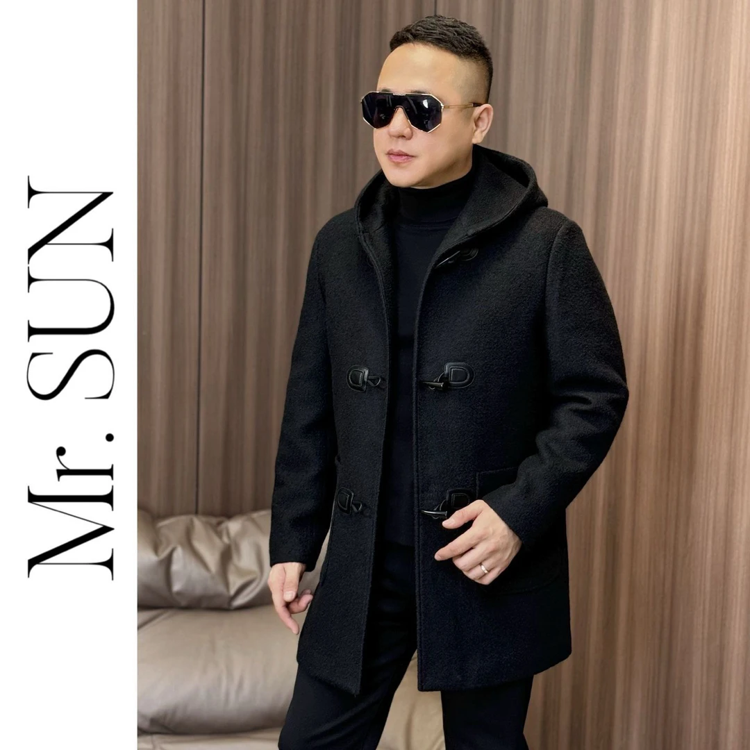 68085孙先生｜高奢品牌男士羊毛大衣时尚牛角扣连帽中长款大衣外套