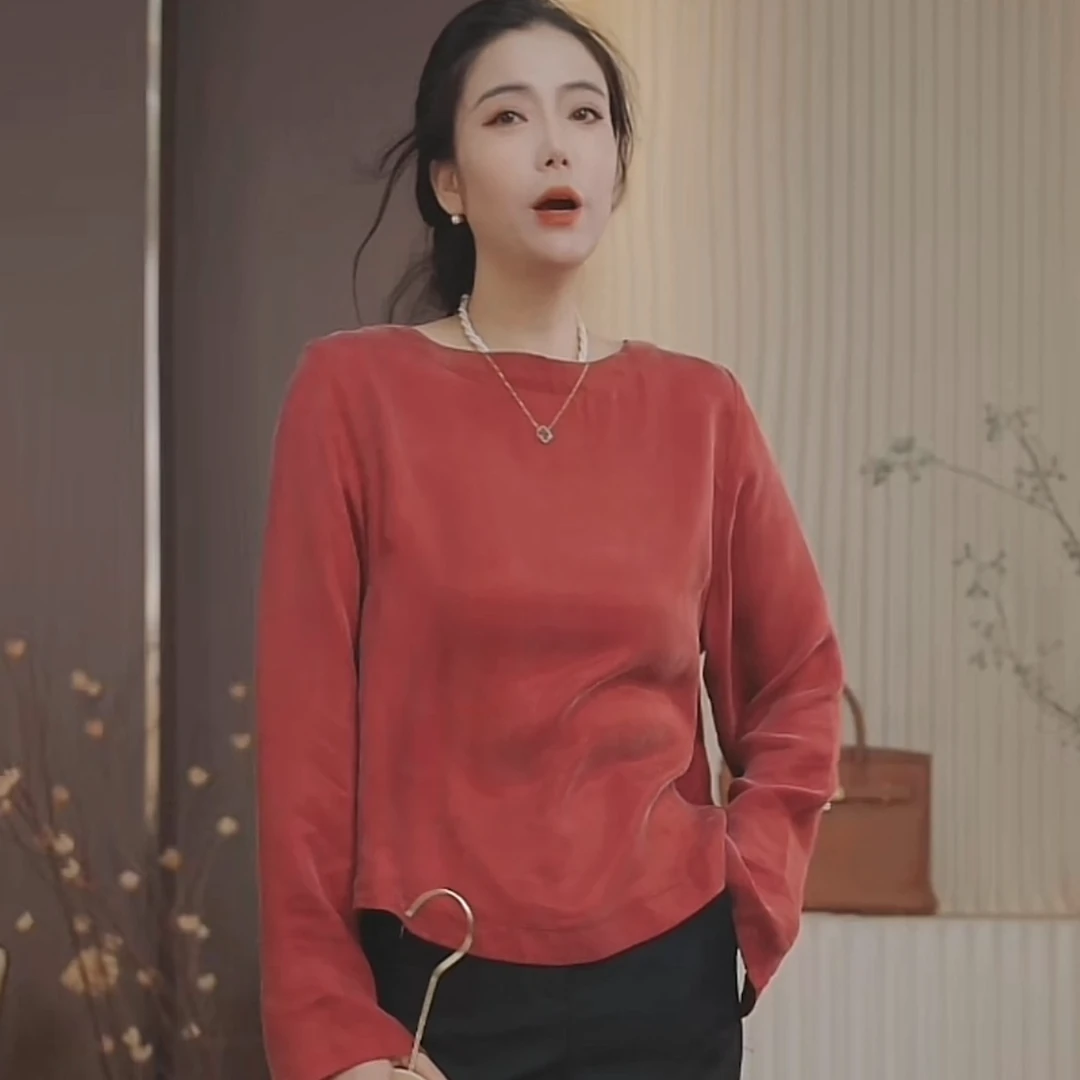 699秋季新款百搭时尚长袖圆领一字肩小衫