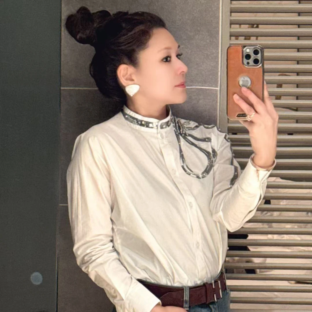 小香风立领手工钉珠亮片衬衫女秋季洋气上衣#2760